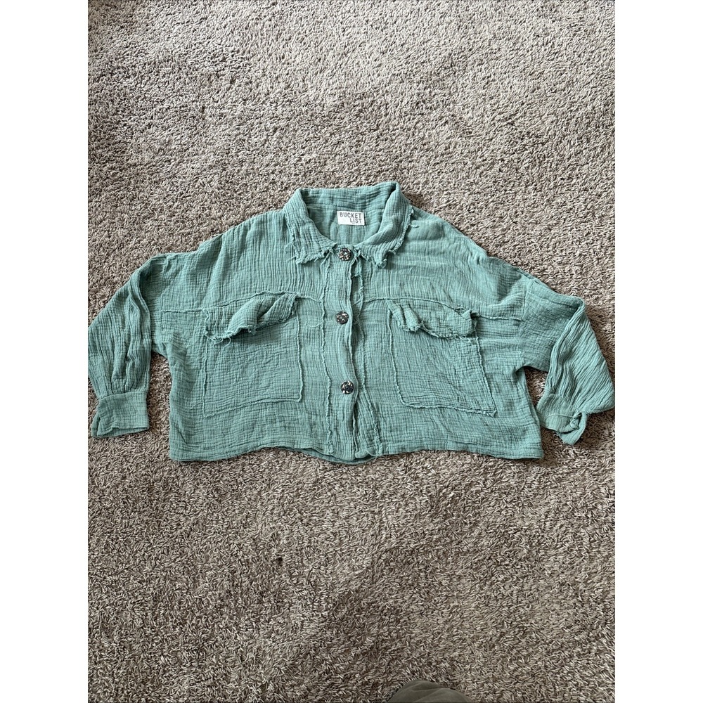 Bucket List Distressed One‎ Size Green Terry Fleece Sweatshirt Oversized Cropped